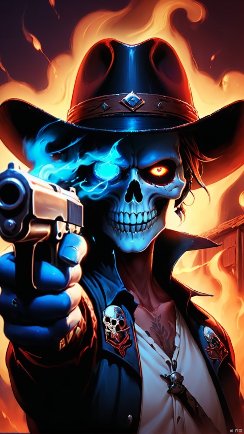 j horror,  pointing pistol,face half human, half skull, black western cowboy hat, hat over one eye, burning blue glowing eye, evil smileevil grin, looking down, back light, closeup portrait, smoking cigar in mouth, revolver Facing the camera, tattoo and red cross tattoo on the back of the hand, 35mm, kulou, Migunov,monoclor,Skull mask, spear, pointing pistol, Add details, ananmo, hubg_beauty_girl, huapighost