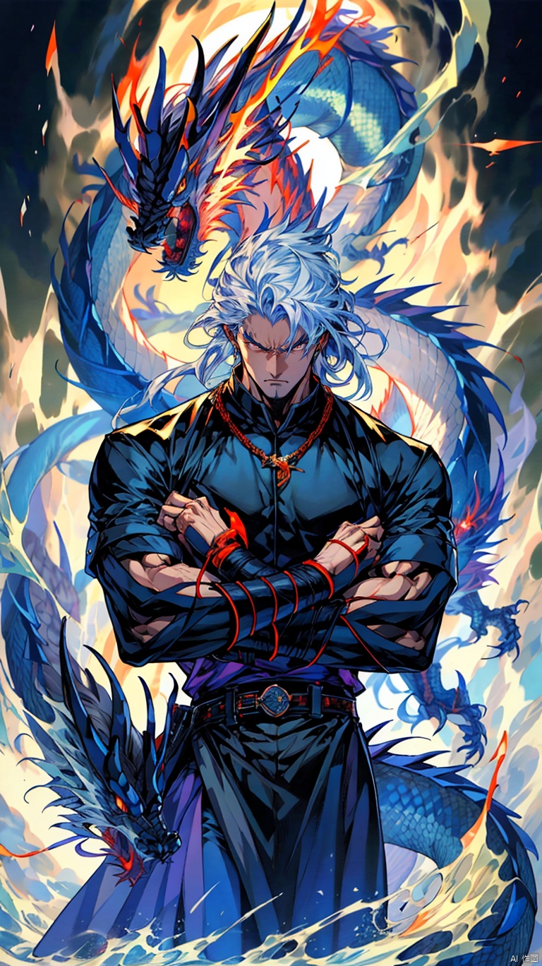 Solo, masterpiece, highest quality, highest resolution, good composition, 1 male, long white hair flowing, angry eyes, three-dimensional handsome facial features, Hong Kong comic style, clenched fists, controlling a black glowing magic dragon, the aura of dragon magic surrounds his arms, hand in eye