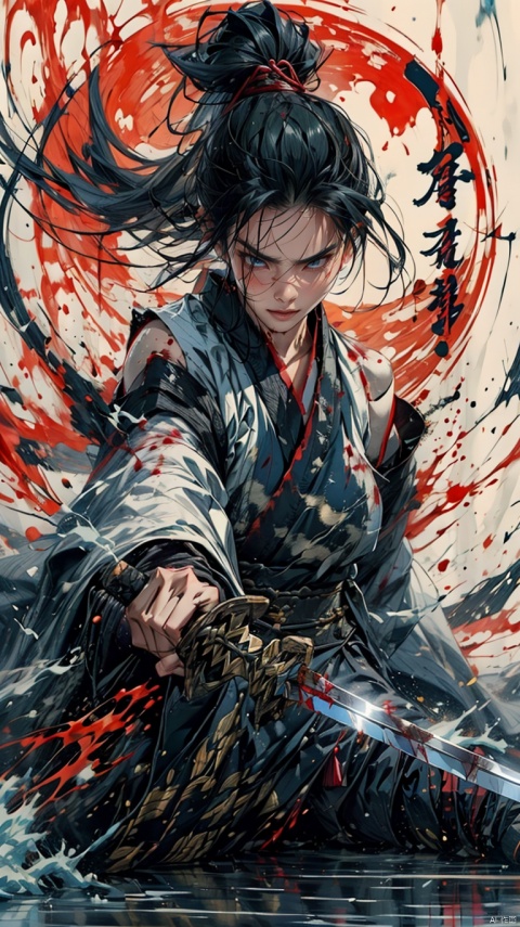 j horror, 1 girl, white messy long hair and high ponytail, beautiful face, bangs covering her eyes, blood-stained snow-white kimono, bare shoulders, big breasts, sitting on the floor, a blood-stained samurai sword standing beside her, dyed A bloody room, countless corpses lying on the ground, bloody, violent aesthetics, smwuxia Chinese text blood weapon:sw, chang,blood splatter motion blur, sdmai