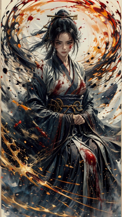 j horror, 1 girl, white messy long hair and high ponytail, beautiful face, bangs covering her eyes, blood-stained snow-white kimono, bare shoulders, big breasts, sitting on the floor, a blood-stained samurai sword standing beside her, dyed A bloody room, countless corpses lying on the ground, bloody, violent aesthetics, smwuxia Chinese text blood weapon:sw, chang,blood splatter motion blur, sdmai