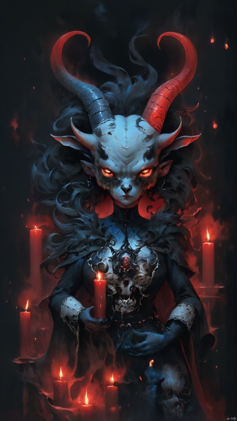 Demon, goat head, female body, black fur covered body, female arms, goat feet, holding skull, red candles lit around, six-pointed star formation, dark face wind, evil force, blue floating ghost, bj_Devil_angel, sheep ear, huapighost