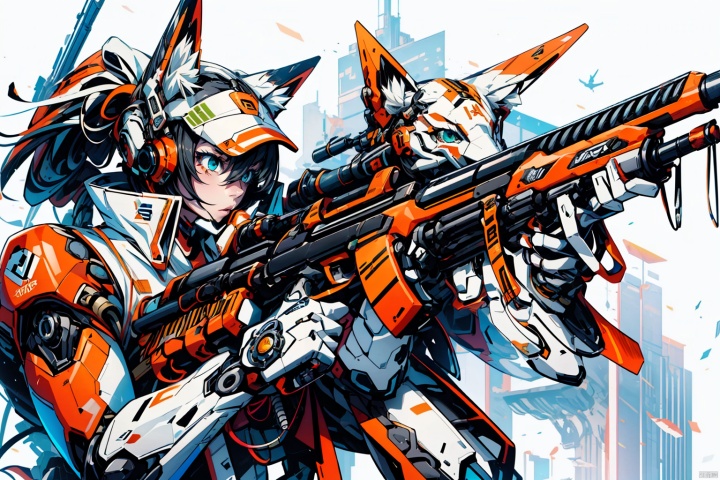 mecha02,(solo, masterpiece, highest resolution, highest quality, 8k, wallpaper),1girl,black and white highlights,long hair and waist with high ponytail,green eyes,cocked eyebrow,v-shaped mecha mask covering the mouth,mecha and transparent body combination,mecha arm,holding a heavy sniper rifle,finger trigger,palm holding gun,aiming,shooting action,side photos,A mechanical tiger with a heavy firepower weapon on its back was next to her,taking a sideways picture,open gun, recoil, anchemixmecha, mecha,xsbot,engineering map, Rabbit ear, fox ear