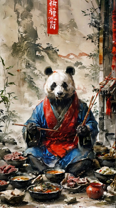 Panda, wearing blue shorts and vest, with a red towel on his shoulders, sitting on the ground, holding Chinese (2 chopsticks: 1.2), (eating Chinese hot pot in front of him: 1.2), the table is filled with various delicacies and Meat, a little boy sitting across the table eating hot pot with a panda, 8k, high quality, high details, fine lines, color retention, cg, wallpaper, lines, km, ananmo