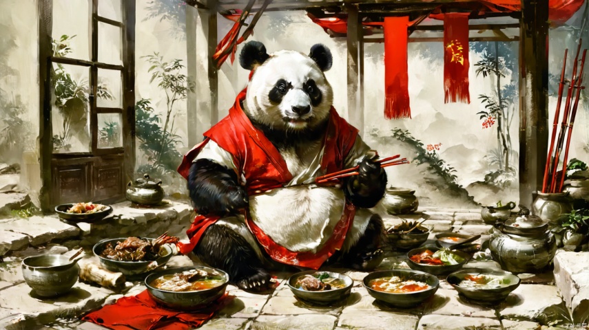 Panda, wearing blue shorts and vest, with a red towel on his shoulders, sitting on the ground, holding Chinese (2 chopsticks: 1.2), (eating Chinese hot pot in front of him: 1.2), the table is filled with various delicacies and Meat, a little boy sitting across the table eating hot pot with a panda, 8k, high quality, high details, fine lines, color retention, cg, wallpaper, lines