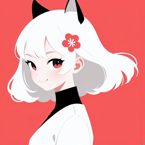  1girl, solo, looking at viewer, smile, short hair, bangs, heart shaped eyes, simple background, skirt, closed mouth, upper body,Hair is like flames, white hair, red background, portrait, anime1girl,(flat color,limited palette,low contrast:1.2),Gorgeous,Elegant,Bohemian style,1girl,loli,((catgirl)),1girl, solo, long hair, looking at viewer,  hair ornament,  upper body, flower, white hair, hair flower,