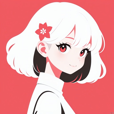  1girl, solo, looking at viewer, smile, short hair, bangs, heart shaped eyes, simple background, skirt, closed mouth, upper body,Hair is like flames, white hair, red background, portrait, anime1girl,(flat color,limited palette,low contrast:1.2),Gorgeous,Elegant,Bohemian style,1girl,loli,((catgirl)),1girl, solo, long hair, looking at viewer, hair ornament, upper body, flower, white hair, hair flower,