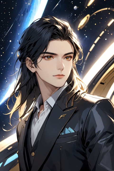 Spaceship, science fiction, about to set sail, cosmic background, light particles, solo, short hair, shirt, black hair, 1boy, closed mouth, Suit, long hair,golden hair, upper body, male focus, blurry, makeup, blurry background, letterboxed,