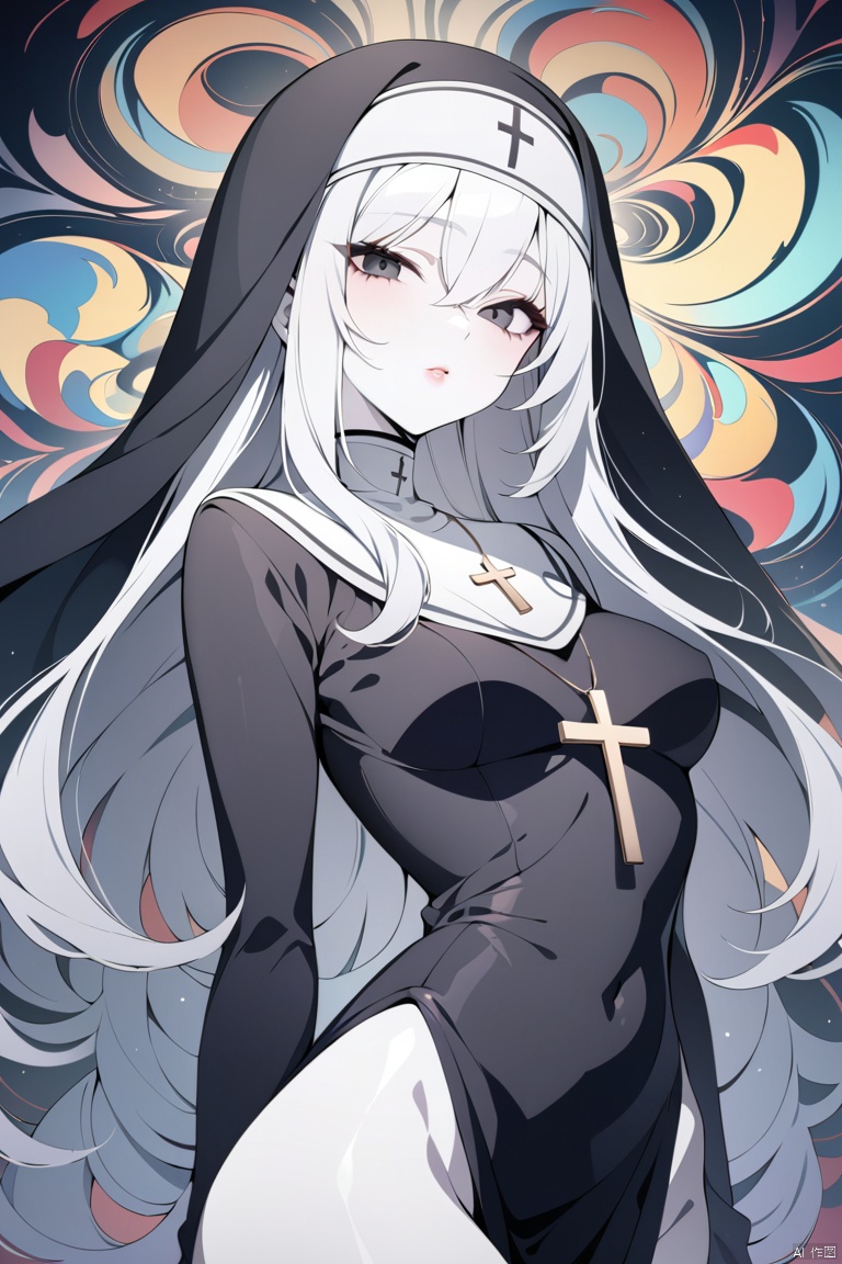  (masterpiece, best quality:1.4),finely detailed,1girl,solo,(pale skin),perfect body,glossy skin,(nun),habit,black eyes,long hair,cross,necklace,jewelry,cross necklace,looking at viewer,lips,veil,Illustration of a anime,(abstract art: 1.3), art, stylization