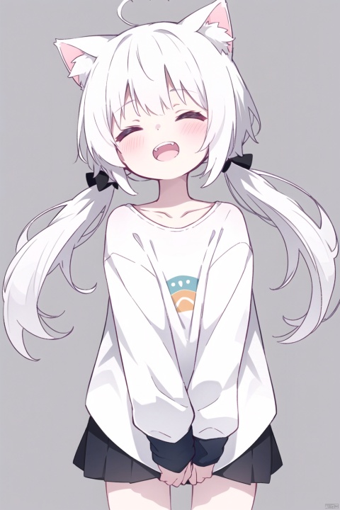  30710, 1girl, catgirl,solo,white hair, twintails, blush, smile, shirt, white shirt, long shirt, ^ ^, closed eyes, collarbone, cropped legs, long sleeves, sleeves past fingers, sleeves past wrists, upper teeth only, teeth, white background