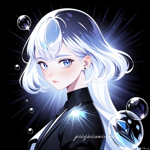  masterpiece,best quality, highly detailed, diamond (houseki no kuni),1other, gem uniform (houseki no kuni), solo, androgynous, looking at viewer, parted lips, black necktie, dated, shirt, artist name, upper body, sparkle,,gem unifo,(bubble:1.5),masterpiece,best quality,masterpiece,best quality,official art,extremely detailed CG unity 16k wallpaper,masterpiece,thigh,((1girl)),(science fiction:1.1),(ultra-detailed crystallization:1.5),(crystallizing girl:1.5),kaleidoscope,((iridescent:1.5) long hair),(glittering silver eyes),sitting,surrounded by colorful crystals,blue skin,(skin fusion with crystal:1.8),looking up,face focus,simple dress,transparent crystals,flat dark background,lens flare,prism, 1 girl, Light master