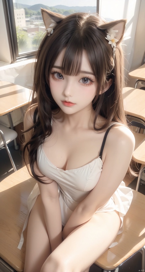  (((best))),8k,UHD,((masterpiece)),1girl,solo,best_quality, extremely detailed details, loli,underage,((shrot)),1_girl,solo,full_body,cute_face,pretty face,extremely delicate and beautiful girls,(beautiful detailed eyes),yellow_eyes,black_hair ,fox_ears,fox_tail,see_through_clothes, school,classroom,desk,chair,school_suit, nagato_(azur_lane),nagatowhite, white pantyhose
