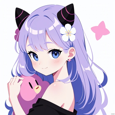 qzcsws, 1girl, animal ears, flower, stuffed toy, bandaid, kirby, hair ornament, stuffed animal, star \(symbol\), purple hair, hair flower, shirt, white background, horns, crescent, bandaid on face, bandaid on nose, blue eyes, long hair, bangs, simple background, rose, smile, earrings, teddy bear, looking at viewer, jewelry, pink shirt, blush, off shoulder, solo, upper body, collar, holding, pink skin, pink flower