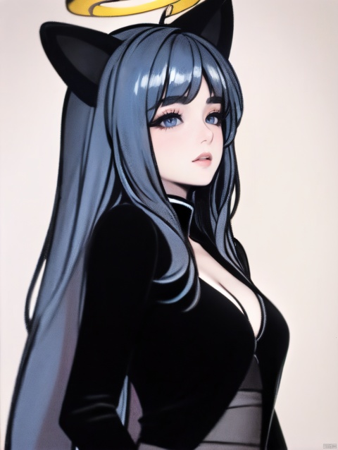  1girl,moyou,,(klimt:1.1),Best-A,hanozuku,1girl, animal_ears, black_dress, black_hair, black_jacket, blue_archive, blue_halo, blush, closed_mouth, dress, grey_hair, halo, hanozuku, jacket, kokona_\(blue_archive\), long_hair, long_sleeves, multicolored_hair, orange_eyes, revision, simple_background, solo, streaked_hair, striped_clothes, striped_dress, tiger_ears, upper_body, vertical-striped_clothes, vertical-striped_dress, white_background