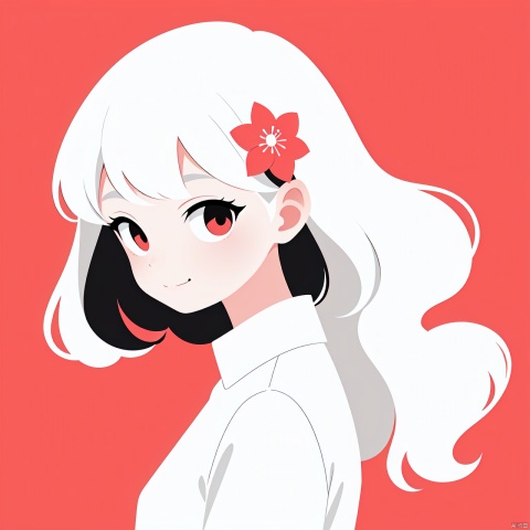  1girl, solo, looking at viewer, smile, short hair, bangs, heart shaped eyes, simple background, skirt, closed mouth, upper body,Hair is like flames, white hair, red background, portrait, anime1girl,(flat color,limited palette,low contrast:1.2),Gorgeous,Elegant,Bohemian style,1girl,loli,((catgirl)),1girl, solo, long hair, looking at viewer,  hair ornament,  upper body, flower, white hair, hair flower,
