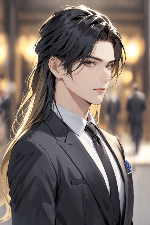  solo, short hair, shirt, black hair, 1boy, closed mouth, Suit, long hair,golden hair, upper body, male focus, blurry, makeup, blurry background, letterboxed,