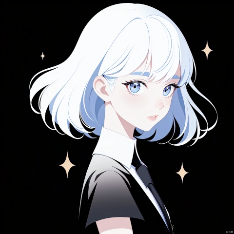  masterpiece,best quality, highly detailed, diamond (houseki no kuni),1other, gem uniform (houseki no kuni), solo, androgynous, looking at viewer, parted lips, black necktie, dated, shirt, artist name, upper body, sparkle,,gem unifo