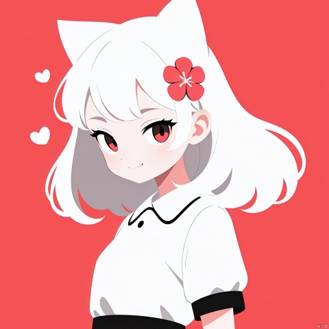  1girl, solo, looking at viewer, smile, short hair, bangs, heart shaped eyes, simple background, skirt, closed mouth, upper body,Hair is like flames, white hair, red background, portrait, anime1girl,(flat color,limited palette,low contrast:1.2),Gorgeous,Elegant,Bohemian style,1girl,loli,((catgirl)),1girl, solo, long hair, looking at viewer, hair ornament, upper body, flower, white hair, hair flower,