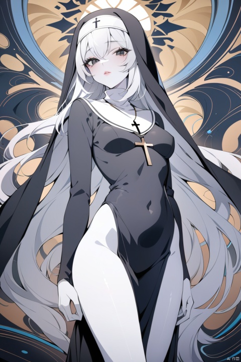  (masterpiece, best quality:1.4),finely detailed,1girl,solo,(pale skin),perfect body,glossy skin,(nun),habit,black eyes,long hair,cross,necklace,jewelry,cross necklace,looking at viewer,lips,veil,Illustration of a anime,(abstract art: 1.3), art, stylization