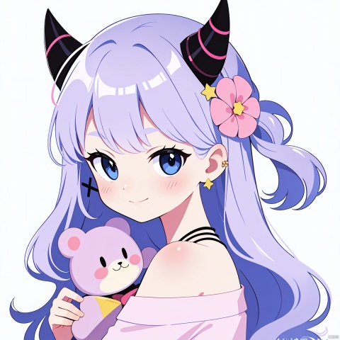 qzcsws, 1girl, animal ears, flower, stuffed toy, bandaid, kirby, hair ornament, stuffed animal, star \(symbol\), purple hair, hair flower, shirt, white background, horns, crescent, bandaid on face, bandaid on nose, blue eyes, long hair, bangs, simple background, rose, smile, earrings, teddy bear, looking at viewer, jewelry, pink shirt, blush, off shoulder, solo, upper body, collar, holding, pink skin, pink flower