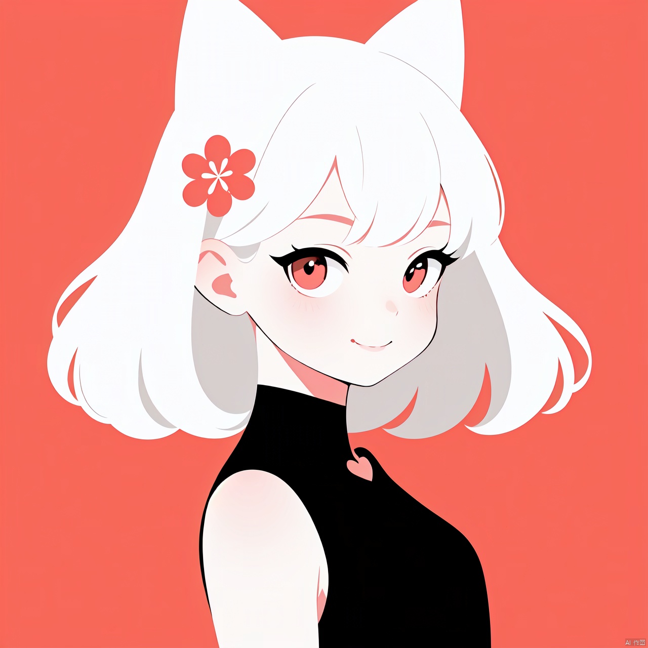  1girl, solo, looking at viewer, smile, short hair, bangs, heart shaped eyes, simple background, skirt, closed mouth, upper body,Hair is like flames, white hair, red background, portrait, anime1girl,(flat color,limited palette,low contrast:1.2),Gorgeous,Elegant,Bohemian style,1girl,loli,((catgirl)),1girl, solo, long hair, looking at viewer, hair ornament, upper body, flower, white hair, hair flower,