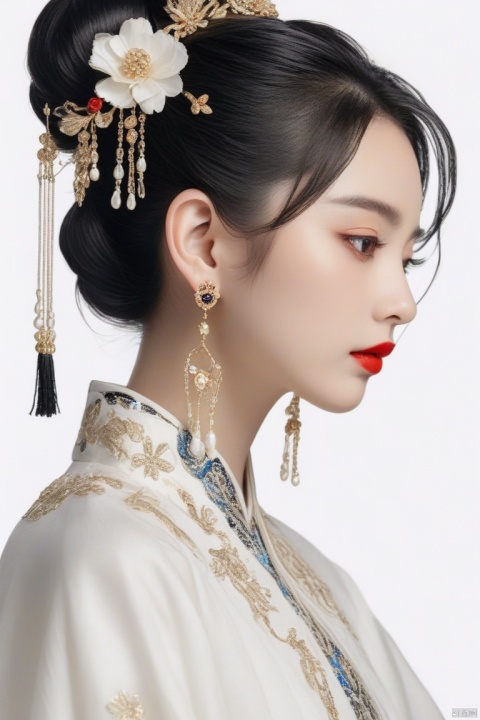 (masterpiece, top quality, best quality, official art, beautiful and aesthetic:1.2),meixue, 1girl, hair ornament, solo, jewelry, earrings, beads, looking at side, flower, black hair, make up, chinese clothes, from side, red lips, closed mouth, hair flower, pearl \(gemstone\), white background, upper body, tassel, hair bun