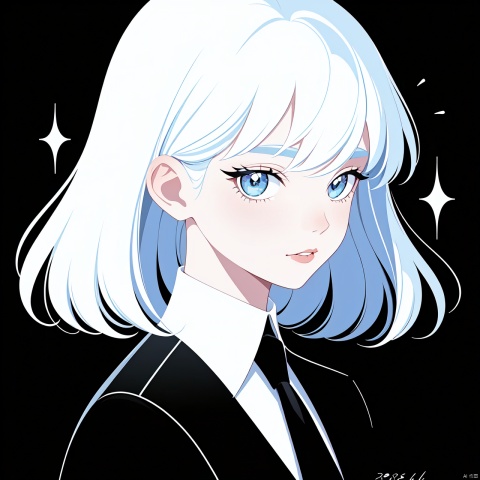  masterpiece,best quality, highly detailed, diamond (houseki no kuni),1other, gem uniform (houseki no kuni), solo, androgynous, looking at viewer, parted lips, black necktie, dated, shirt, artist name, upper body, sparkle,,gem unifo