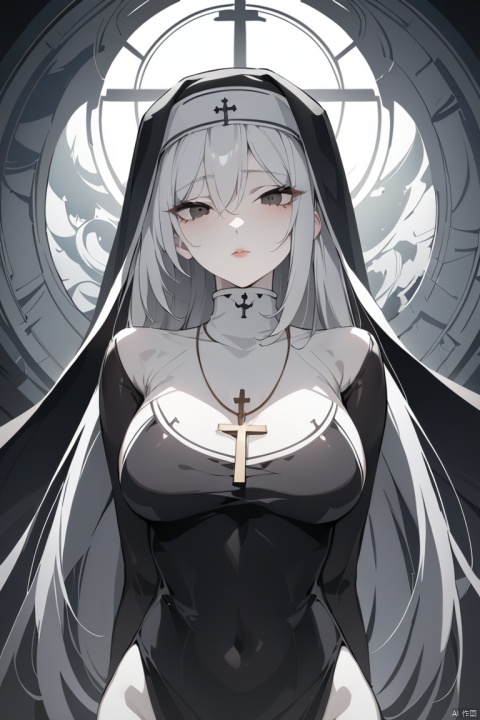  (masterpiece, best quality:1.4),finely detailed,1girl,solo,(pale skin),perfect body,glossy skin,(nun),habit,black eyes,long hair,cross,necklace,jewelry,cross necklace,looking at viewer,lips,veil,Illustration of a anime,(abstract art: 1.3), art, stylization