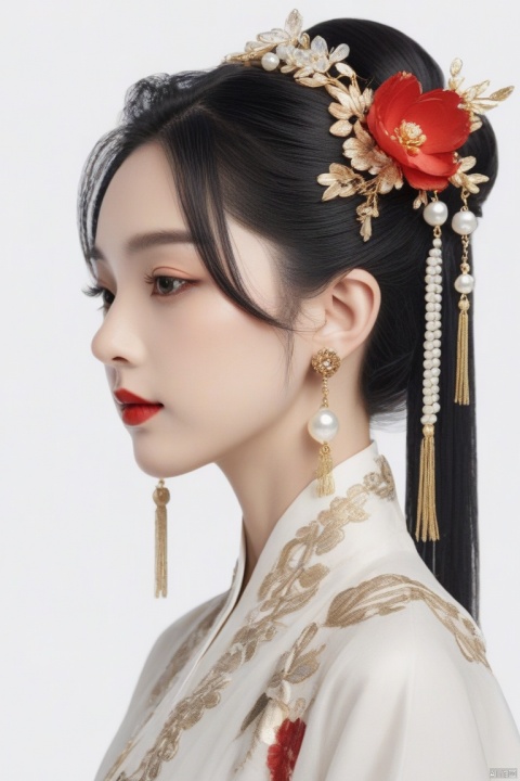 (masterpiece, top quality, best quality, official art, beautiful and aesthetic:1.2),meixue, 1girl, hair ornament, solo, jewelry, earrings, beads, looking at side, flower, black hair, make up, chinese clothes, from side, red lips, closed mouth, hair flower, pearl \(gemstone\), white background, upper body, tassel, hair bun