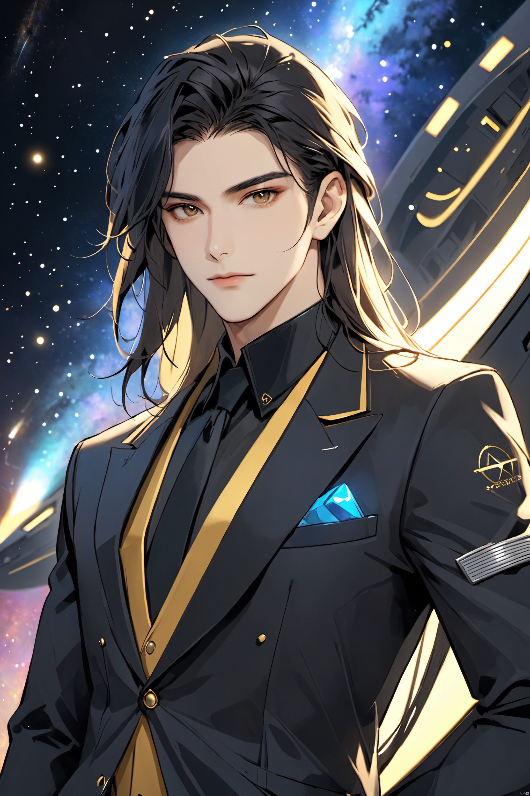 Spaceship, science fiction, about to set sail, cosmic background, light particles, solo, short hair, shirt, black hair, 1boy, closed mouth, Suit, long hair,golden hair, upper body, male focus, blurry, makeup, blurry background, letterboxed,