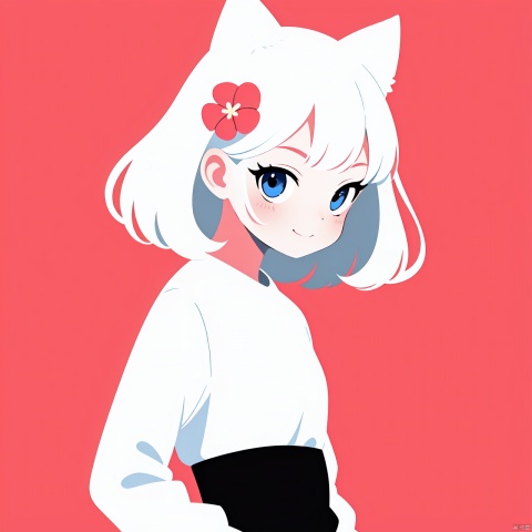  1girl, solo, looking at viewer, smile, short hair, bangs, heart shaped eyes, simple background, skirt, closed mouth, upper body, white hair, red background, portrait, anime1girl,(flat color,limited palette,low contrast:1.2),Gorgeous,Elegant,Bohemian style,1girl,loli,((catgirl)),1girl, solo, long hair, looking at viewer, blush, bangs, blue eyes, shirt, hair ornament, white background, jewelry, closed mouth, white shirt, upper body, flower, white hair, hair flower,