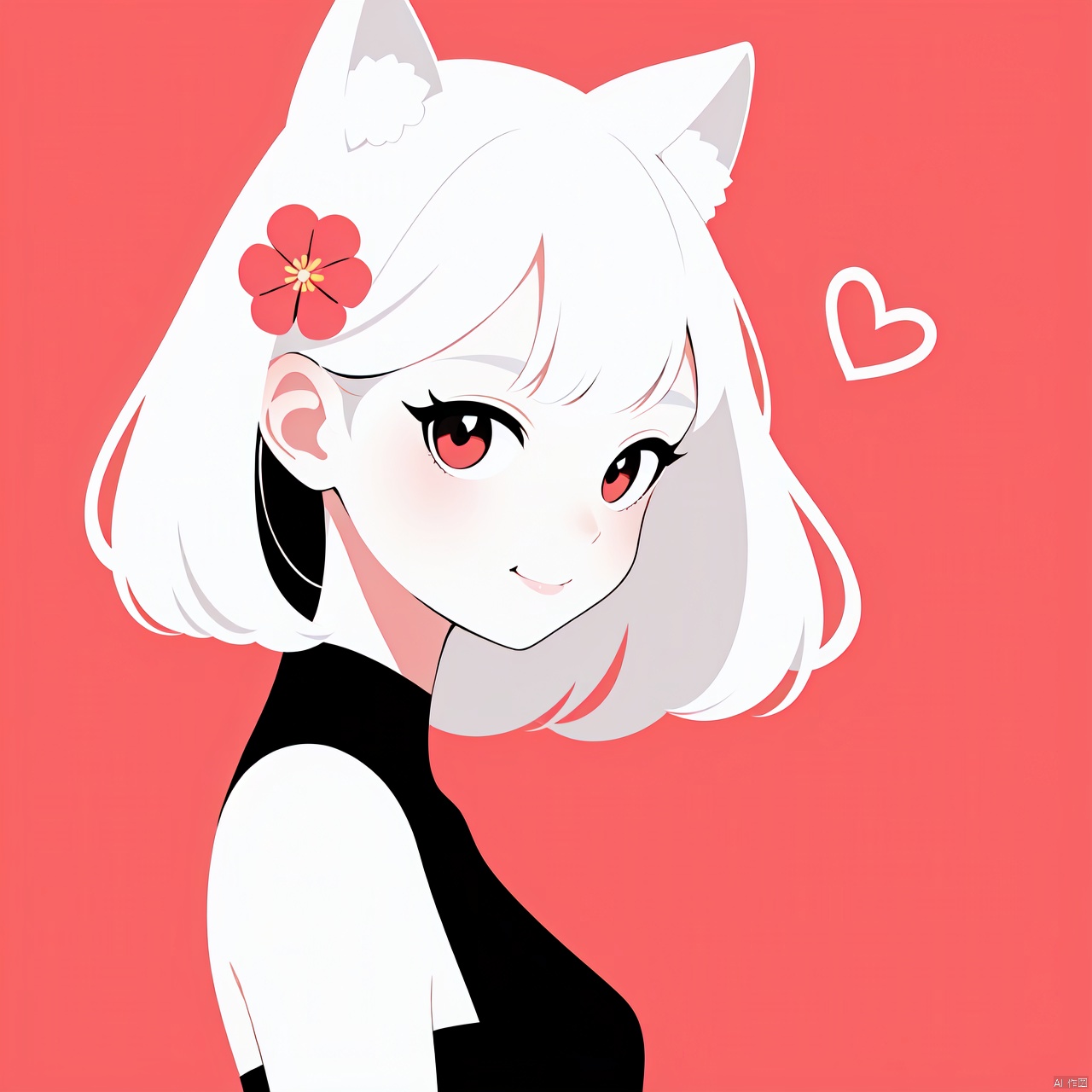  1girl, solo, looking at viewer, smile, short hair, bangs, heart shaped eyes, simple background, skirt, closed mouth, upper body,Hair is like flames, white hair, red background, portrait, anime1girl,(flat color,limited palette,low contrast:1.2),Gorgeous,Elegant,Bohemian style,1girl,loli,((catgirl)),1girl, solo, long hair, looking at viewer,  hair ornament,  upper body, flower, white hair, hair flower,