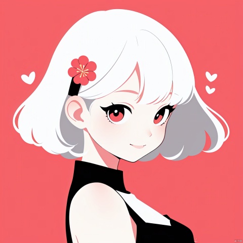  1girl, solo, looking at viewer, smile, short hair, bangs, heart shaped eyes, simple background, skirt, closed mouth, upper body,Hair is like flames, white hair, red background, portrait, anime1girl,(flat color,limited palette,low contrast:1.2),Gorgeous,Elegant,Bohemian style,1girl,loli,((catgirl)),1girl, solo, long hair, looking at viewer, hair ornament, upper body, flower, white hair, hair flower,