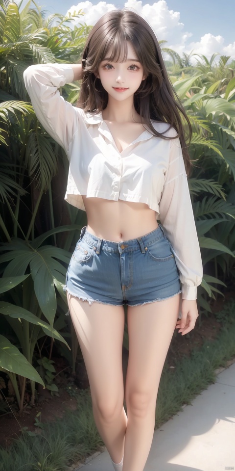  (((best))),8k,UHD,((masterpiece)),1girl,nsfw,solo,full body,sliver hair,Depth of field,outdoors,shorts,sky,long hair,cloud,navel,falling leaves,cutoffs,arms up,crop top,smile,grass,windmill,midriff,day,black shorts,long sleeves,floating hair,stomach,wind,blue sky,standing,open mouth,shirt,short shorts,denim,white hair,white shirt,yellow eyes,torn shorts,feet out of frame,looking at viewer,denim shorts,leaf,thighs,((poakl)),lovely,