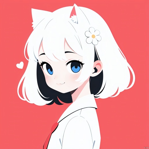  1girl, solo, looking at viewer, smile, short hair, bangs, heart shaped eyes, simple background, skirt, closed mouth, upper body, white hair, red background, portrait, anime1girl,(flat color,limited palette,low contrast:1.2),Gorgeous,Elegant,Bohemian style,1girl,loli,((catgirl)),1girl, solo, long hair, looking at viewer, blush, bangs, blue eyes, shirt, hair ornament, white background, jewelry, closed mouth, white shirt, upper body, flower, white hair, hair flower,