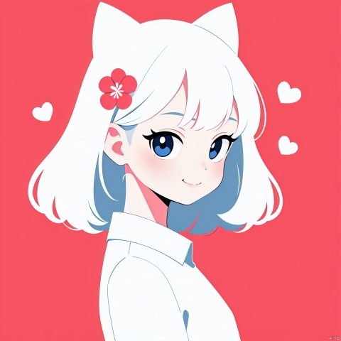  1girl, solo, looking at viewer, smile, short hair, bangs, heart shaped eyes, simple background, skirt, closed mouth, upper body, white hair, red background, portrait, anime1girl,(flat color,limited palette,low contrast:1.2),Gorgeous,Elegant,Bohemian style,1girl,loli,((catgirl)),1girl, solo, long hair, looking at viewer, blush, bangs, blue eyes, shirt, hair ornament, white background, jewelry, closed mouth, white shirt, upper body, flower, white hair, hair flower,