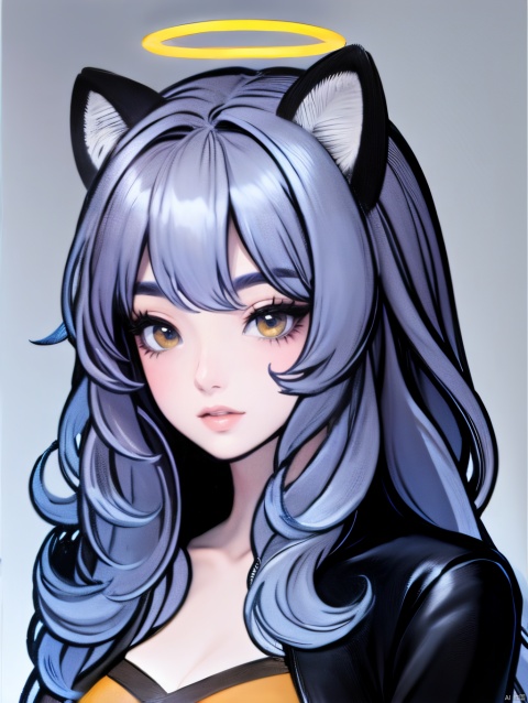  1girl,moyou,,(klimt:1.1),Best-A,hanozuku,1girl, animal_ears, black_dress, black_hair, black_jacket, blue_archive, blue_halo, blush, closed_mouth, dress, grey_hair, halo, hanozuku, jacket, kokona_\(blue_archive\), long_hair, long_sleeves, multicolored_hair, orange_eyes, revision, simple_background, solo, streaked_hair, striped_clothes, striped_dress, tiger_ears, upper_body, vertical-striped_clothes, vertical-striped_dress, white_background