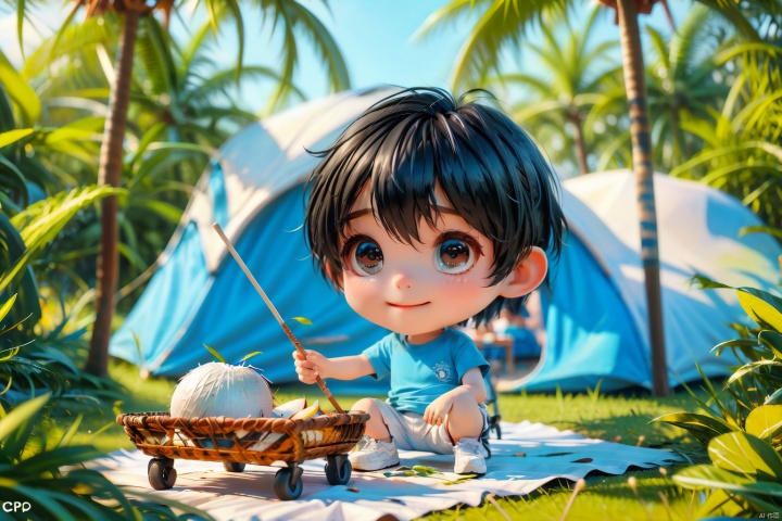  ccip,1boy,seaside, (tents), camping, barbecues, parties,big eyes,big nose,black eyes,black hair,short hair,chibi,sky blue T-shirt,white pants,black shoes,coconut trees,grass,blue sky,3D,C4D,oc rendering,ray tracing,(best quality),((masterpiece)),(an extremely delicate and beautiful),original,extremely detailed wallpaper,
