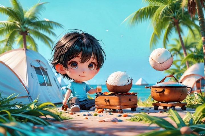  ccip,1boy,seaside, (tents), camping, barbecues, parties,big eyes,big nose,black eyes,black hair,short hair,chibi,sky blue T-shirt,white pants,black shoes,coconut trees,grass,blue sky,3D,C4D,oc rendering,ray tracing,(best quality),((masterpiece)),(an extremely delicate and beautiful),original,extremely detailed wallpaper,