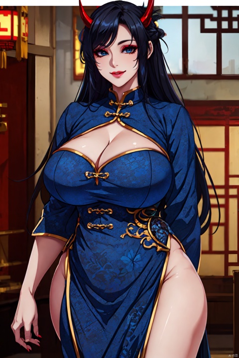 solo, XueYi,long hair, blue eyes, black hair,makeup,lips,horns,
breasts,(narrow waist), (wide hips:1.3), huge breasts,Perfect world breast expasion,
blue dress,china dress,chinese clothes,clothing cutout,
((seductive smile,))
 from behind, looking at viewer,