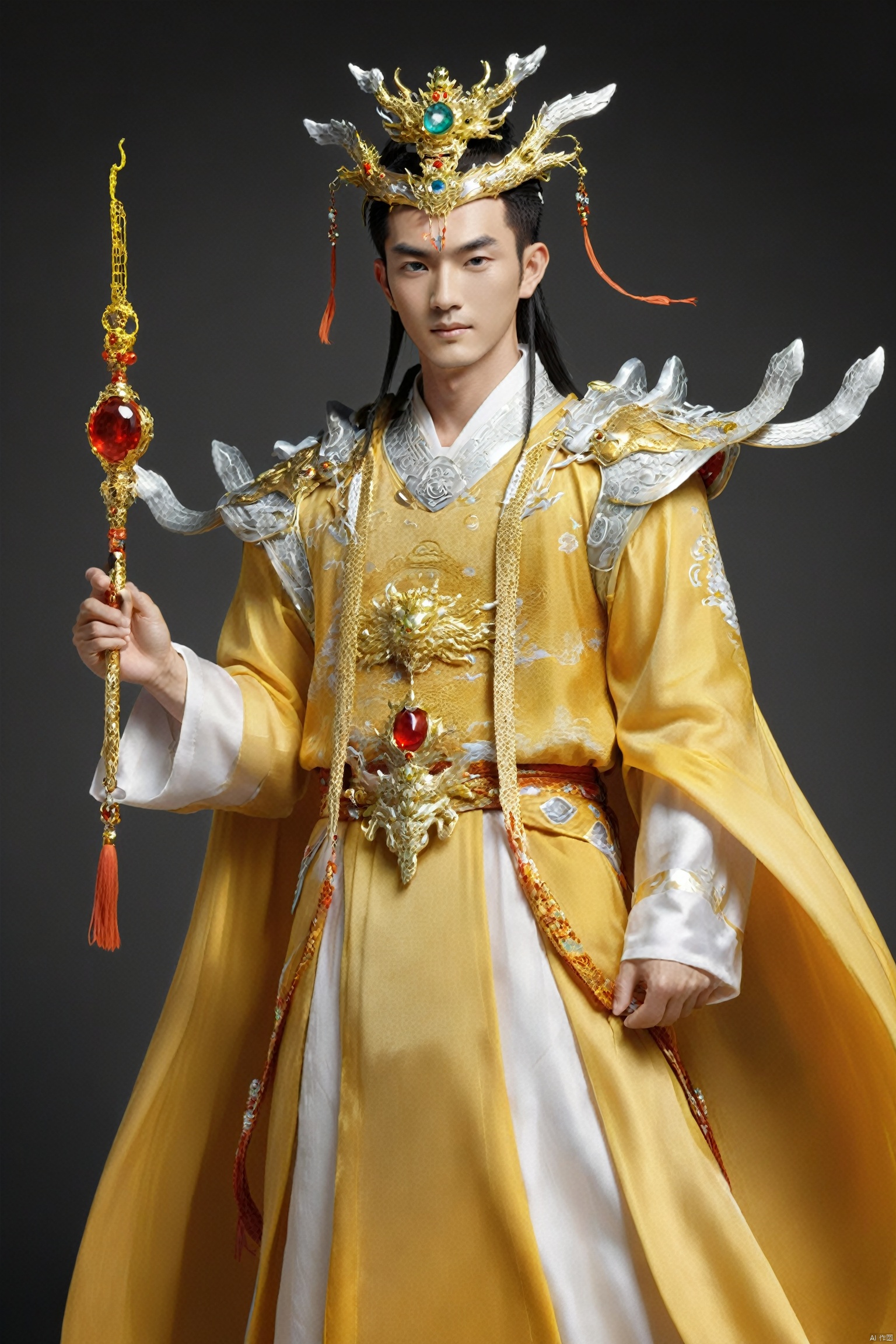  Eternal Dragon Emperor, the jewel on his crown is dazzling and dazzling, with delicate features, two bright and lively eyes, and a golden radiance emanating from his entire body,He holds the Seven Foot Heavenly Sword in his hand……, Oouguancong