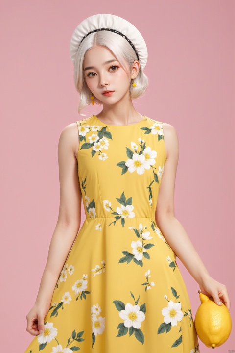  best quality, masterpiece, highres, cg, 1girl, Photograph, high resolution, 8k, girl, white hair, Lemon yellow background, lineart style, Pink floral dress, headwear, full body photo., lineart style,,, MenEro