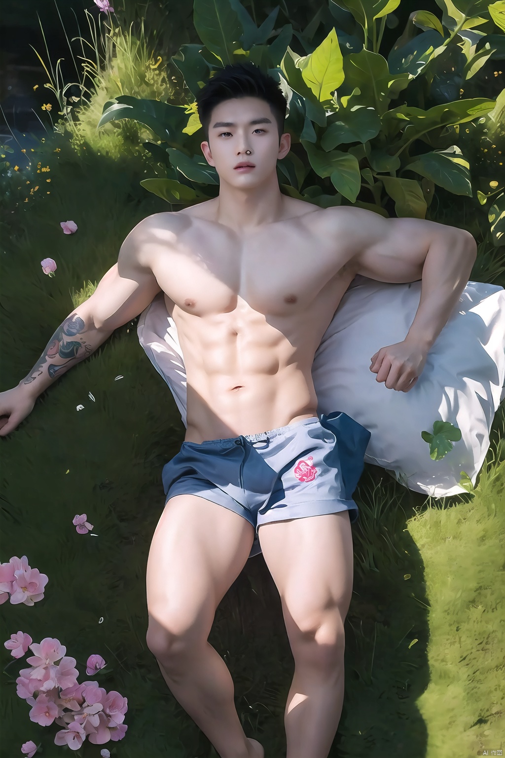  Real Film Photos, close_up Shooting, Professional Photography, Skin, Tattoos, 1 Chinese Boy, ((Full Body Photo))), Handsome, 23 Years Old Fit Figure, High Quality, Masterpiece, ((Realistic)), Big Muscles, Sun, Oil Green Plants, Colorful Flowers Around, Light and Shadow Effects, Lots of Details, Spring Theme