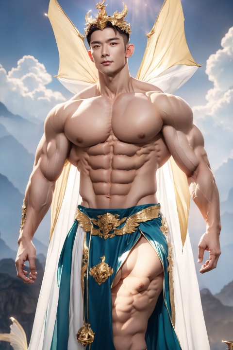  Handsome Chinese immortals, full-body photos, handsome, male stars, perfect proportions, men, full chest muscles and abdominal muscles, immortal costumes, wearing fairy crowns, immortal dragon patterns, celestial accessories, resplendent and magnificent, colorful clouds (((muscular macho))), facial repair, high definition repair,(((white skin))) bright light, high resolution studio, lighting, 8k, HD HD, super realistic, white tender body

