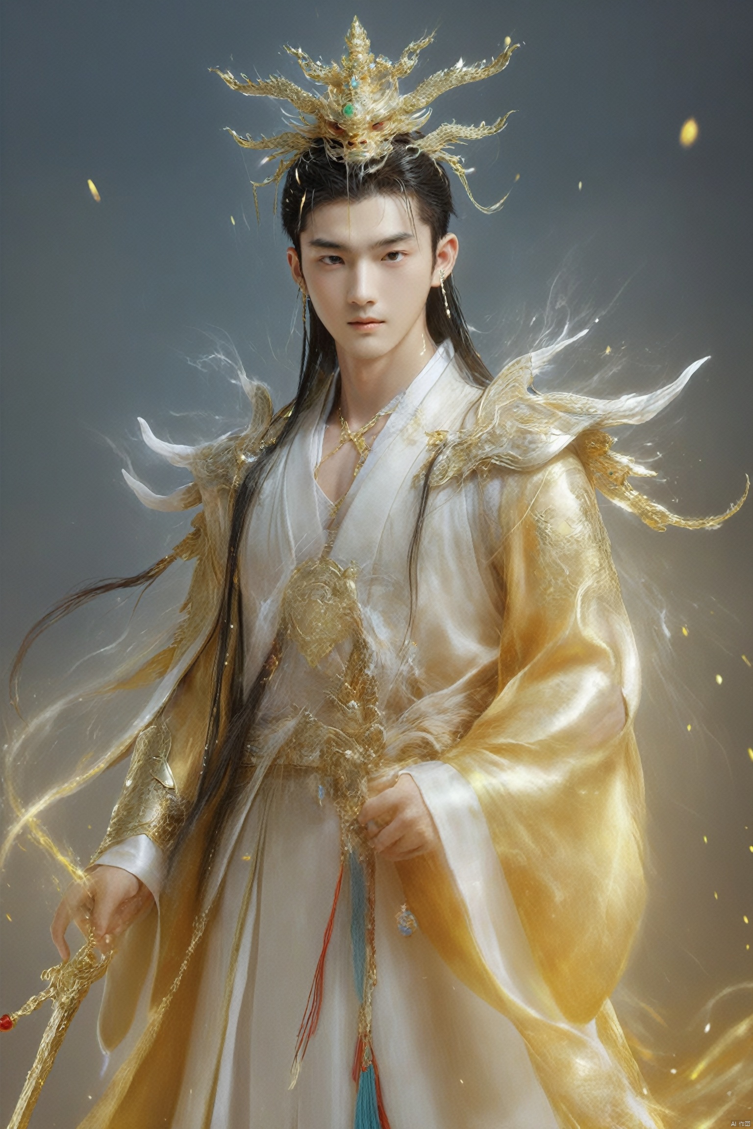  Eternal Dragon Emperor, the jewel on his crown is dazzling and dazzling, with delicate features, two bright and lively eyes, and a golden radiance emanating from his entire body,He holds the Seven Foot Heavenly Sword in his hand……, Oouguancong