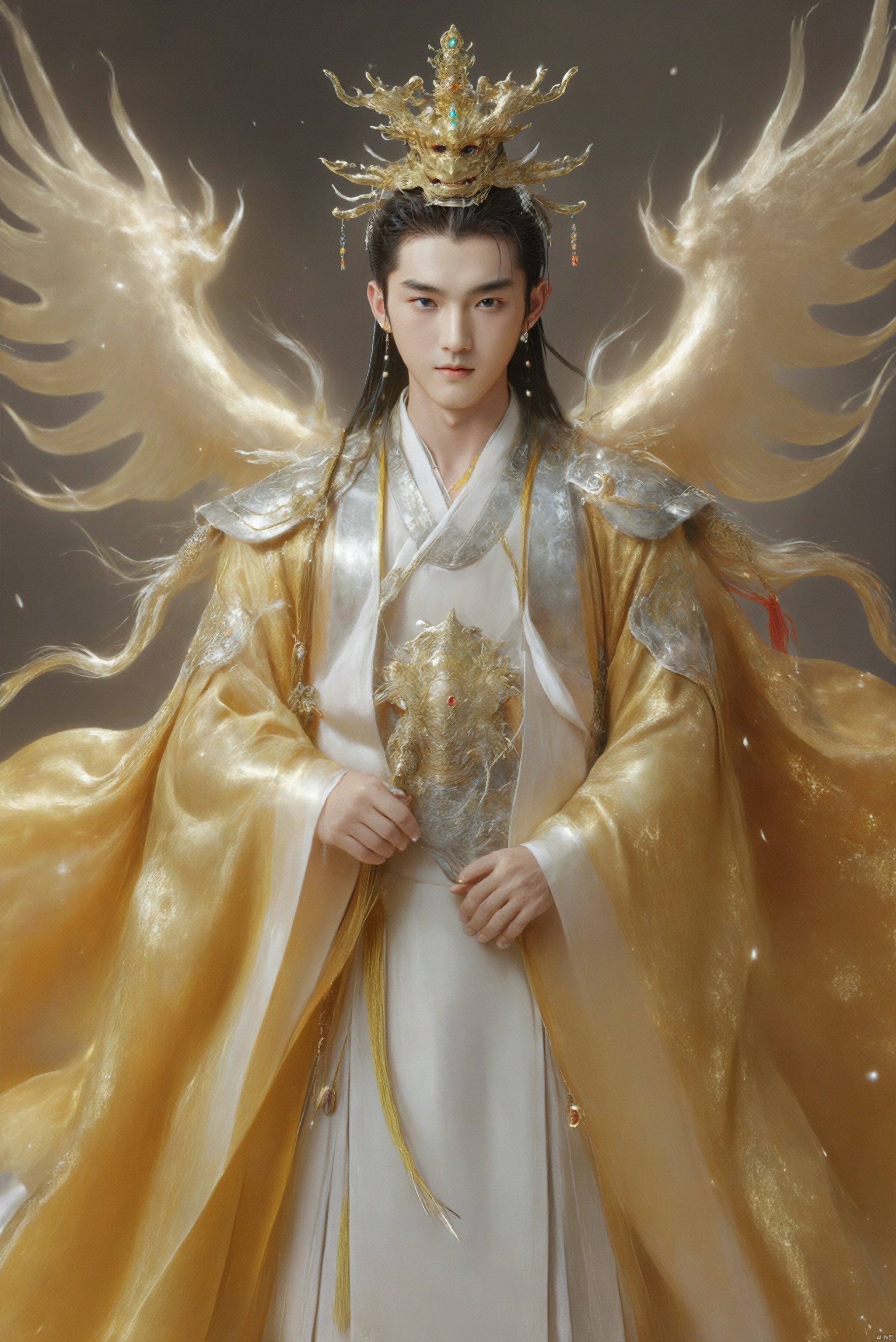  Eternal Dragon Emperor, the jewel on his crown is dazzling and dazzling, with delicate features, two bright and lively eyes, and a golden radiance emanating from his entire body,He holds the Seven Foot Heavenly Sword in his hand……, Oouguancong