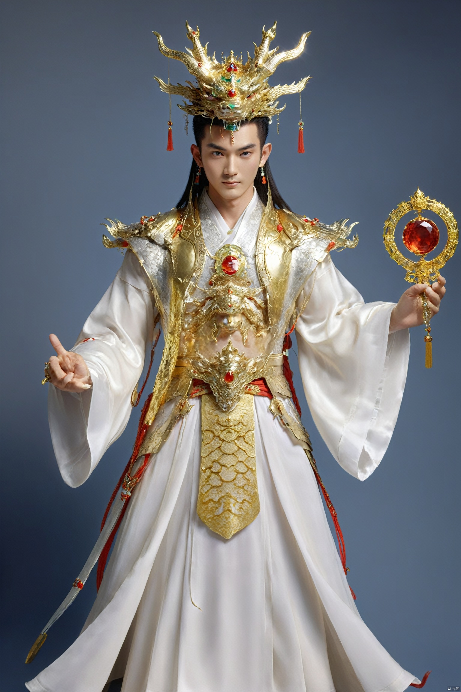  Eternal Dragon Emperor, the jewel on his crown is dazzling and dazzling, with delicate features, two bright and lively eyes, and a golden radiance emanating from his entire body,He holds the Seven Foot Heavenly Sword in his hand……, Oouguancong