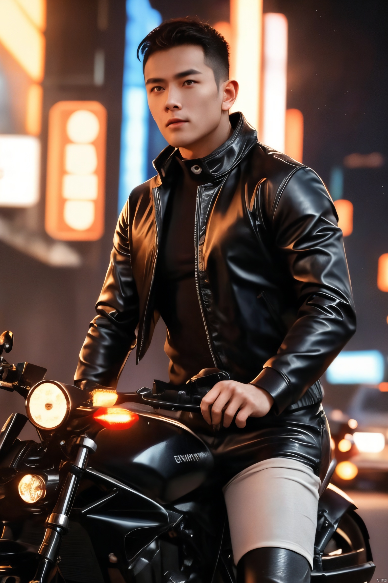  HD,best quality,highly detailed,CG,8k,realism,1boy,asian,photo of a iranian man, beard, wearing racing jacket, tight leather pants, riding a futuristic superbike, realistic, highly detailed, realistic eyes, intricate details, detailed background, depth of field, dynamic pose, dynamic angle, (cyberpunk style), Glitch, Gritty, Punk, emitting diodes, neon light, smoke, fog, mechanical parts, science fiction, blade runner, cinematic movie still, vivid colors, bokeh, film grain, motion blur, atmospheric, cinemascope, epic, (muscular), (large pectorals), (puffy nipples),男
