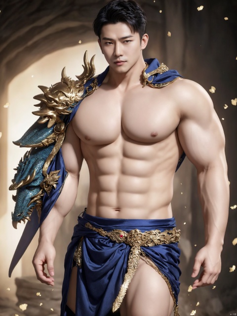  masterpiece,1 male,jewelry,Short hair,looking at viewer,dragon,hair ornament,solo,light particles,forehead jewel,facial mark,closed mouth,eastern dragon,bangs,hair between eyes,forehead mark,shoulder armor,Above the leg,Expose your belly button,Topless,Metal shoulder guard,Hero of Sparta,sparkle,textured skin,superdetail,bestquality,男,鐢蜂汉锛岀敺澹紝鐢峰锛岀敺锛岀敺瀛�
