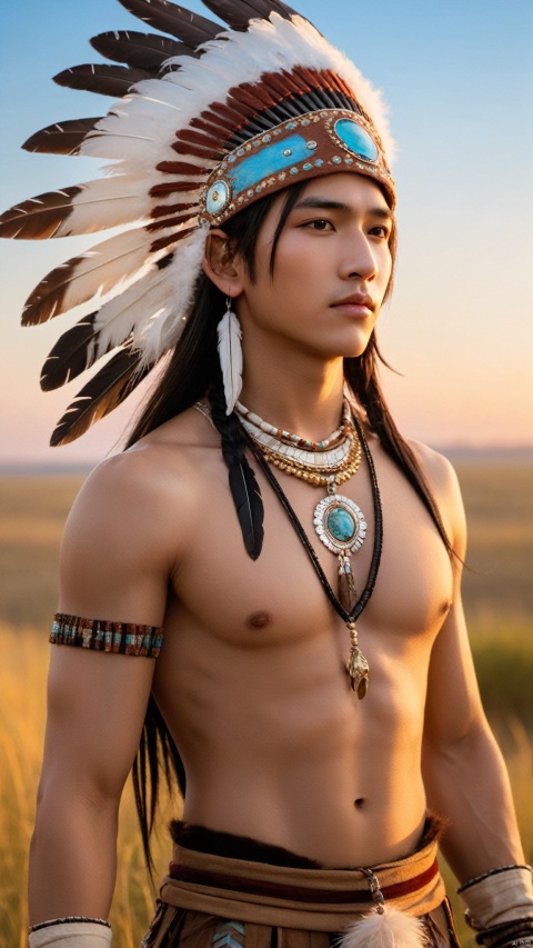  (((1boy))), tifa,setting,full body,(best quality:1.4), (masterpiece:1.4), (Indian Maiden of Transcendent Beauty:1.4), adorned with an (eagle feather headdress:1.3), shell jewelry,distinctive facial paint, against the backdrop of the sweeping prairieland under a twilight sky.,帅哥,男,男人