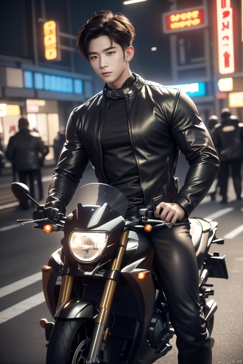  1man,driving motorcycle,masterpiece, realistic, Realism, best quality, highly detailed,handsome,Delicate features,the city lights flicker behind him,his face is serene, a contrast to the bustling world outside,The scene captures a moment of personal tranquility amidst the urban chaos,[Close-up shooting],full body,cyberpunk,1man,